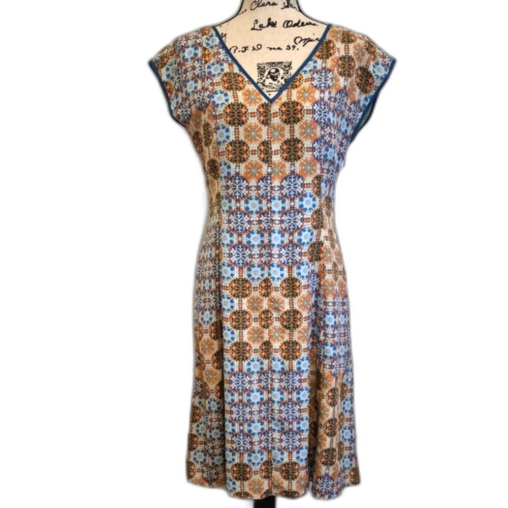 Sundance Modern Heritage Dress 6 100% Silk Geometric Print Boho V Neck Pockets